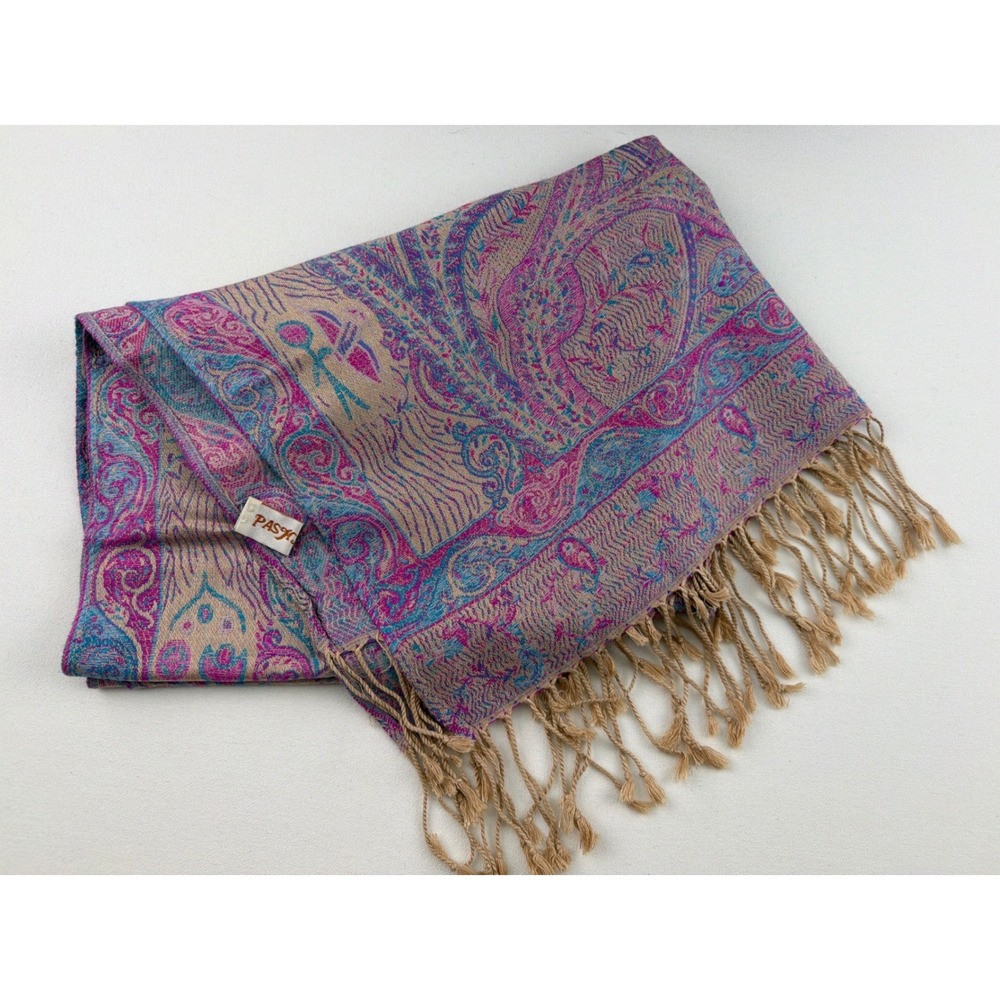 Pashmina Scarf Pink Paisley Woven Tassel Boho Shawl Wrap